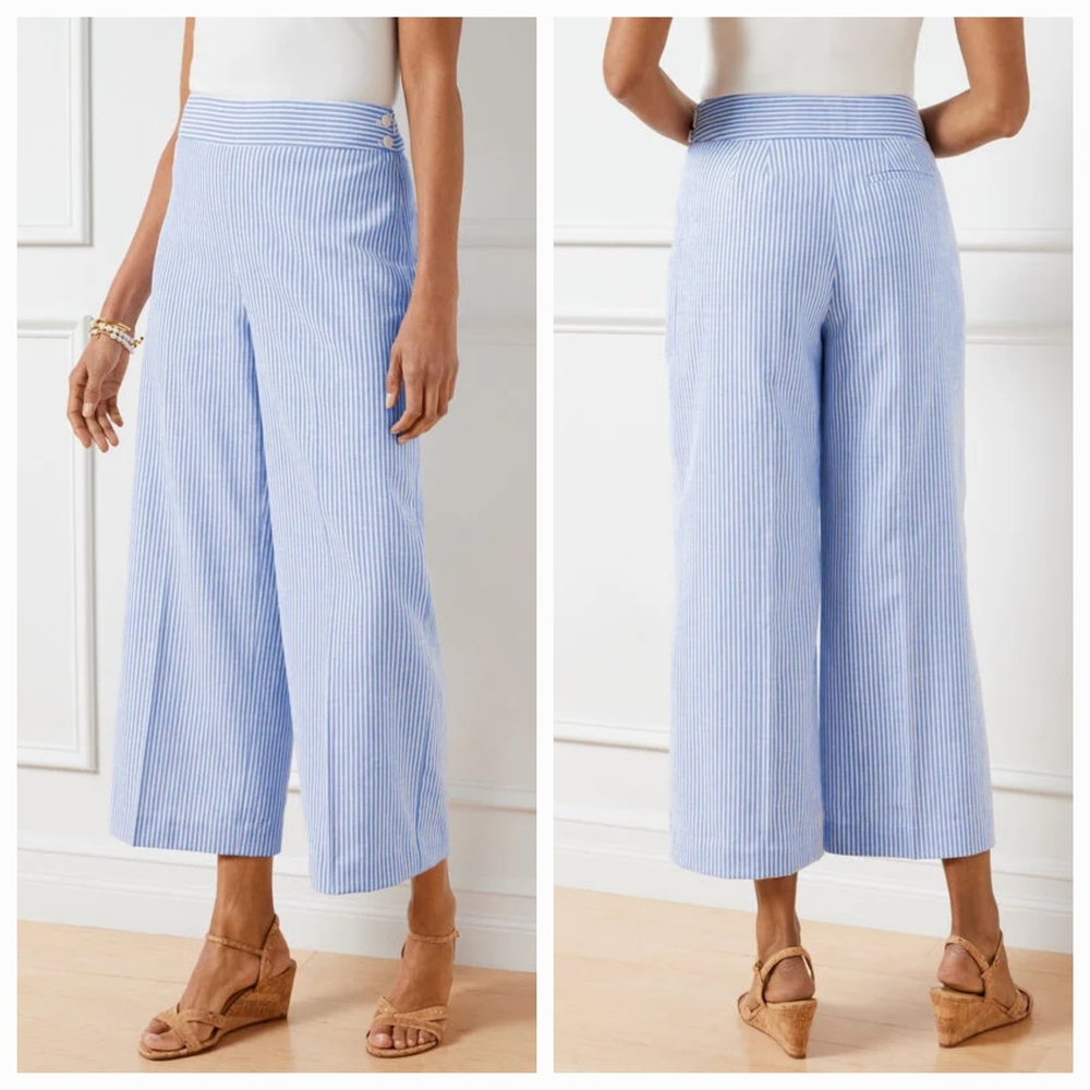 Talbots Pants Womens 6 Blue Striped Linen Blend Wide Leg Crop Nautical Coastal